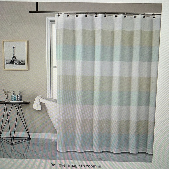 central park Bath Spa Tan And Green Striped Fabric Shower Curtain
